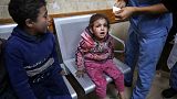 Children who are victims of the Israeli raids on Deir al-Balah in the central Gaza Strip are reacting at Al-Aqsa Hospital in Deir al-Balah, Gaza
