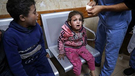 Children who are victims of the Israeli raids on Deir al-Balah in the central Gaza Strip are reacting at Al-Aqsa Hospital in Deir al-Balah, Gaza
