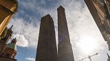 The view of the Garisenda tower from Piazza Ravegnana 