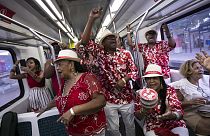 Salgueiro samba school members perform on the Samba Train celebrating National Samba Day, in Rio de Janeiro, Brazil, 2 Dec, 2023. 