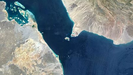 An aerial view of The Bab el-Mandeb Strait is a sea route connecting the Indian Ocean and the Mediterranean Sea via the Suez Canal