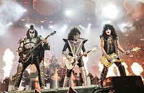 Gene Simmons, left, Tommy Thayer and Paul Stanley of KISS perform during the final night of the "Kiss Farewell Tour" on Dec. 2, 2023, at Madison Square Garden, NY