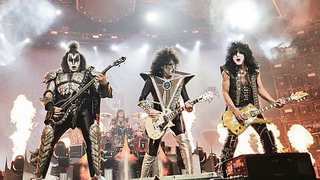 Gene Simmons, left, Tommy Thayer and Paul Stanley of KISS perform during the final night of the "Kiss Farewell Tour" on Dec. 2, 2023, at Madison Square Garden, NY