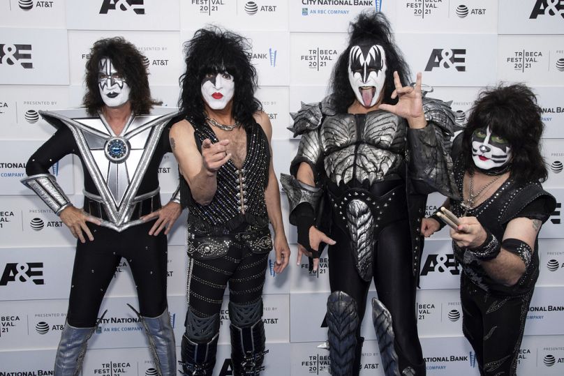 From left, Tommy Thayer, Paul Stanley, Gene Simmons and Eric Singer at premiere of A&E Network's "Biography: KISStory", June 11. 2021