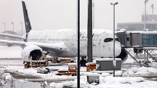 Un avion de la Lufthansa est stationné à l'aéroport enneigé de Munich, en Allemagne, le samedi 2 décembre 2023.