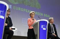 European Commission President Ursula von der Leyen, centre, speaks during a media conference on the EU's Green Deal at EU headquarters in Brussels, Wednesday, July 14, 2021. 