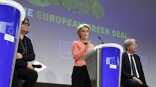 European Commission President Ursula von der Leyen, centre, speaks during a media conference on the EU's Green Deal at EU headquarters in Brussels, Wednesday, July 14, 2021. 