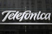 A picture shows the logo of Spanish multinational broadband and telecommunications company Telefonica in Madrid on August 23, 2018. 