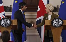 Britain's Prime Minister Rishi Sunak and EU Commission President Ursula von der Leyen, right, after a press conference at Windsor Guildhall, Windsor, England, Feb. 27, 2023.