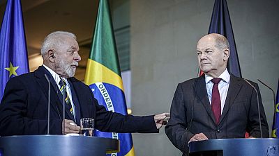 German Chancellor Olaf Scholz, right, and Luiz Inacio Lula da Silva, President of Brazil, hold a press conference at the Federal Chancellery in Berlin, Monday Dec. 4, 2023.