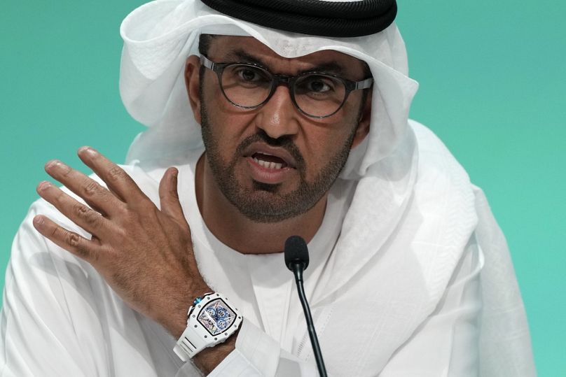 COP28 President Sultan al-Jaber speaks during a news conference at the COP28 UN Climate Summit in Dubai, December 2023