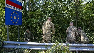 Словенские солдаты, развернутые для демонтажа пограничного забора, снимают бритвенную проволоку на пограничном переходе с Хорватией в Крмацине, Словения, 15 июля 2022 года. 