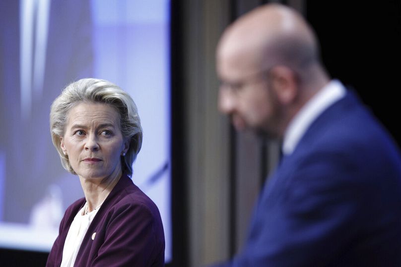 European Council President Charles Michel, right, and European Commission President Ursula von der Leyen in a media conference at an EU summit in Brussels, October 2021