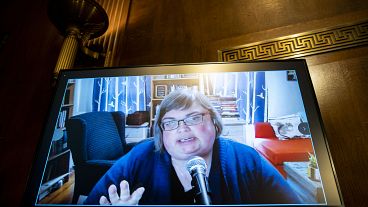 Joan Donovan speaks remotely during a hearing of the Senate Judiciary Subcommittee on Privacy, Technology, and the Law, on Capitol Hill, April 27, 2021.