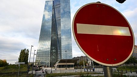 A stop sign is pictured in front of the headquarters of the European Central Bank (ECB) in Frankfurt 