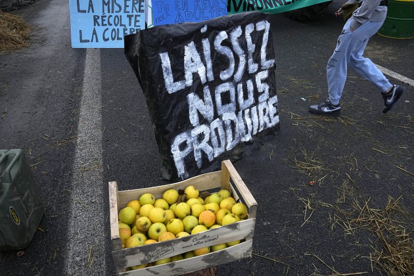 Apples are made available next to a poster reading " Let us produce" as farmers block highway in Argenteuil, north of Paris, February 2024