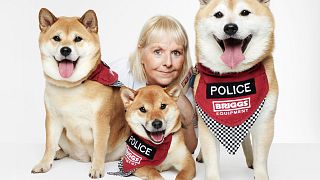 Karen with Dennis, Riot and Rosie from 'A Celebration of Dogs with Jobs', a new exhibition in London. 
