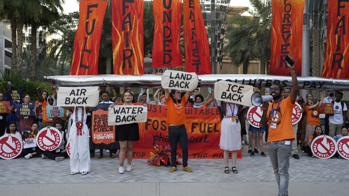 Des militants manifestent contre les combustibles fossiles lors du Sommet sur le Climat de l’ONU, COP28, le mardi 5 décembre 2023, à Dubaï, aux Émirats arabes unis.
