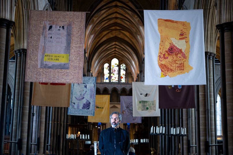 Shezad Dawood with his work at Salisbury Cathedral