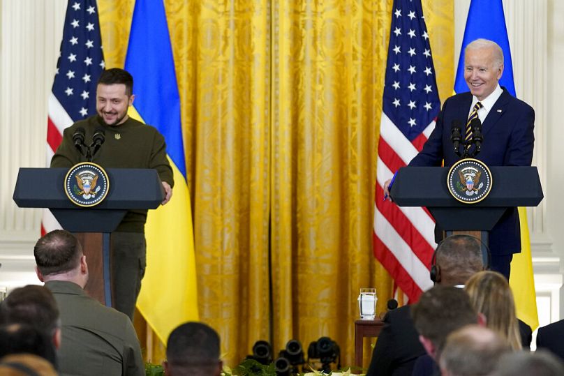 President Joe Biden and Ukrainian President Volodymyr Zelenskyy hold a news conference in the East Room of the White House in Washington, Wednesday, Dec. 21, 2022.