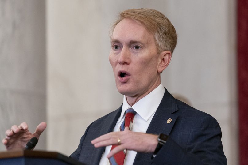 Sen. James Lankford, R-Okla., speaks to media about Israel, Wednesday, Oct. 18, 2023, on Capitol Hill in Washington.