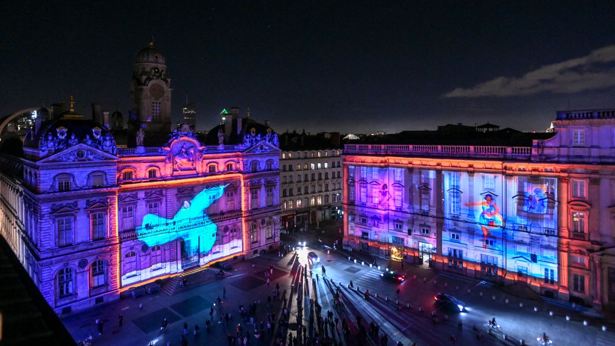 This photograph taken on December 6, 2023 shows the Place des Terreaux illuminated for the preview of the Festival of Lights (Fete des Lumieres), in Lyon.