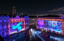 This photograph taken on December 6, 2023 shows the Place des Terreaux illuminated for the preview of the Festival of Lights (Fete des Lumieres), in Lyon.