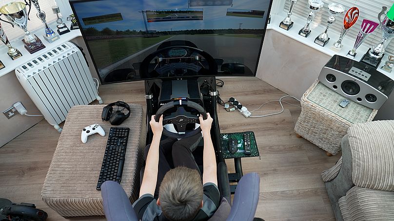 Jacob trains on his go-kart simulator every day to ensure he is ready when he hits the track