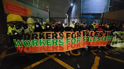 Protesters blocked the gates of the BAE Systems factory in Glasgow because of the companies associations with Israel's arms manufacturing 