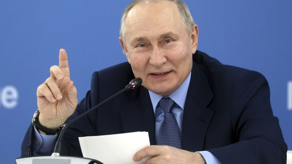 Russian President Vladimir Putin gestures while speaking at an exhibition at the Mashuk educational center in Pyatigorsk, Stavropol region, Russia on Tuesday