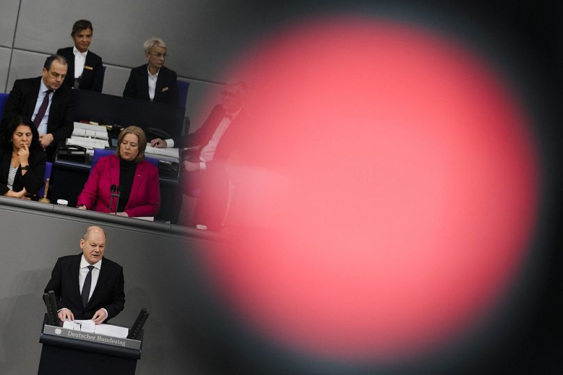 German Chancellor Olaf Scholz delivers a speech about Germany's budget crisis at the Bundestag in Berlin, November 2023