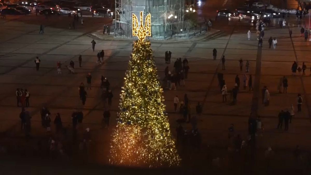 Ukraine War Kyiv Christmas Tree Christmas tree in Kyiv lit up with lights