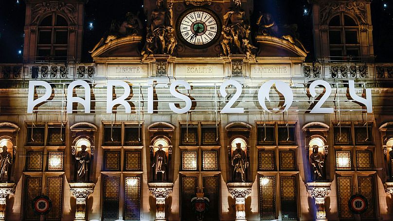 The Paris city hall gets its new decoration inspired by the Paris2024 Olympic Games, T28 November 2023 in Paris.