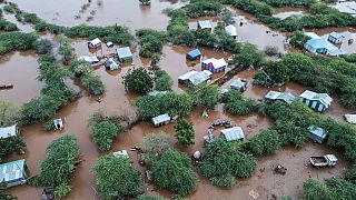 Aerial view of a flooded area in Dolow, Somalia, following devastating floods on November 25, 2023