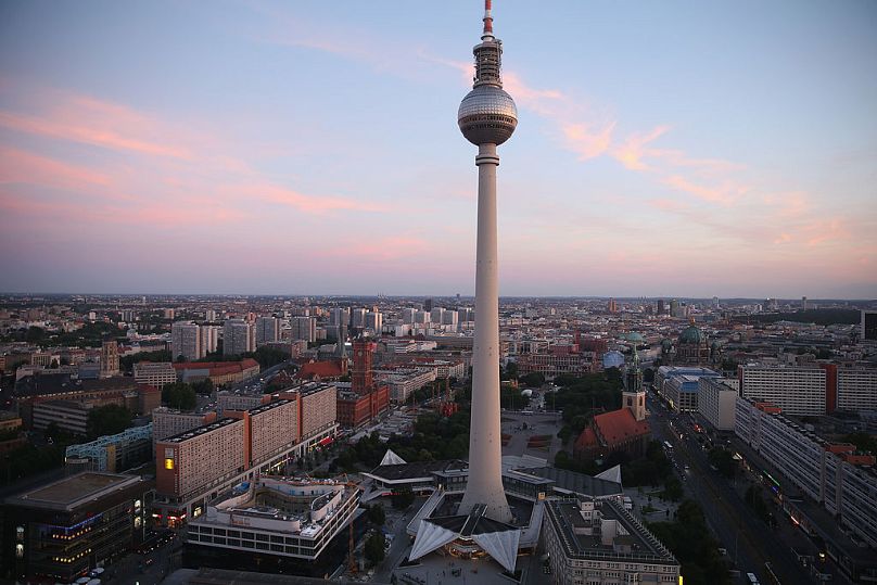 The broadcast tower at Alexanderplatz looms over the city centre of Berlin