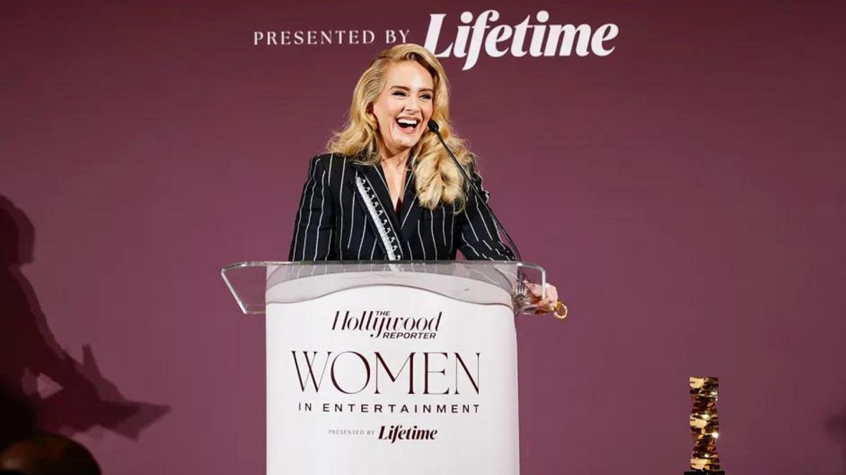 Adele speaks onstage during The Hollywood Reporter's Women in Entertainment 2023 at The Beverly Hills Hotel on 7 December 2023 in Los Angeles, California