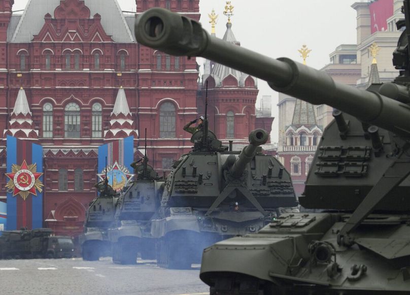 Russian heavy weapons roll down the Red Square in Moscow, May 2012