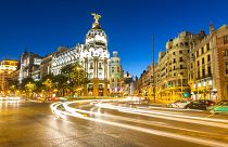 Gran Via in Madrid at dusk.