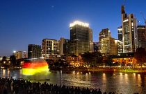 A German flag next to the river Main in Frankfurt, Germany. May 18, 2023. 
