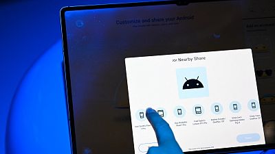 Android’s Nearby Share technology is demonstrated at Alphabet’s Google Android plaza booth during the Consumer Electronics Show (CES) in Las Vegas, Nevada on January 5, 2023. 