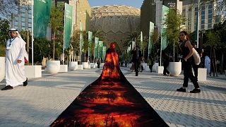 Islene Facanha, of Portugal, participates in a demonstration dressed with images of wildfires at the COP28 UN Climate Summit, 8 December in Dubai, United Arab Emirates.
