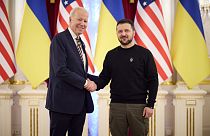 US President Joe Biden meets with Ukrainian President Volodymyr Zelenskyy at the Ukrainian presidential palace in February 