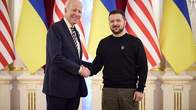 US President Joe Biden meets with Ukrainian President Volodymyr Zelenskyy at the Ukrainian presidential palace in February 