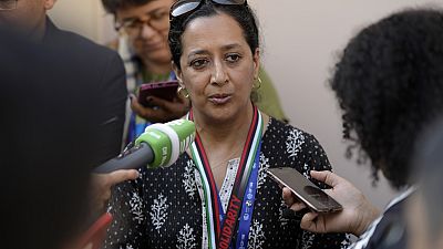 Rachel Cleetus, the Union of Concerned Scientists, speaks to members of the media at the COP28 UN Climate Summit