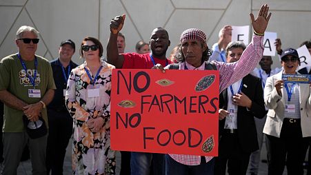 An Indigenous man from Brazil poses for a photo COP28.