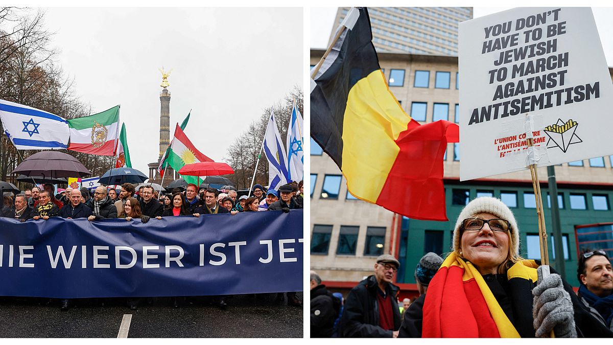 Участники демонстраций против антисемитизма в Берлине и Брюсселе, коллаж.