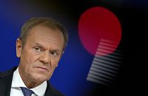 Leader of the Polish Civic Coalition Donald Tusk addresses a media conference prior to a meeting with European Commission President Ursula von der Leyen.