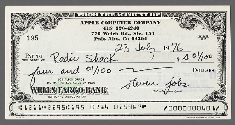 A check signed by Steve Jobs to Radio Shack in 1976