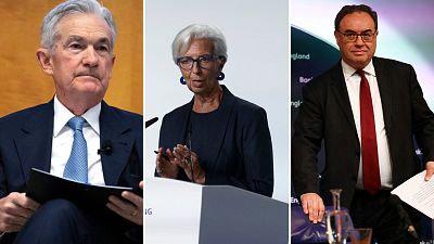 Central bank leaders Jerome Powell (Fed), Christine Lagarde (ECB) and Andrew Bailey (BoE)