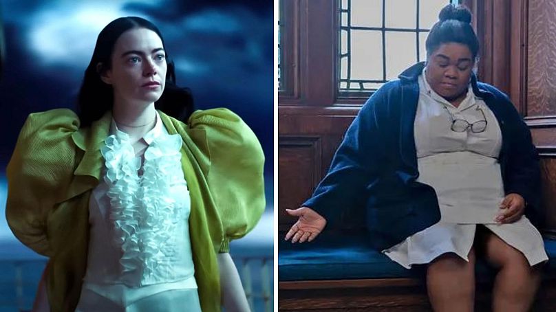 Left: Emma Stone in 'Poor Things'; Right: Da'Vine Joy Randolph in 'The Holdovers'